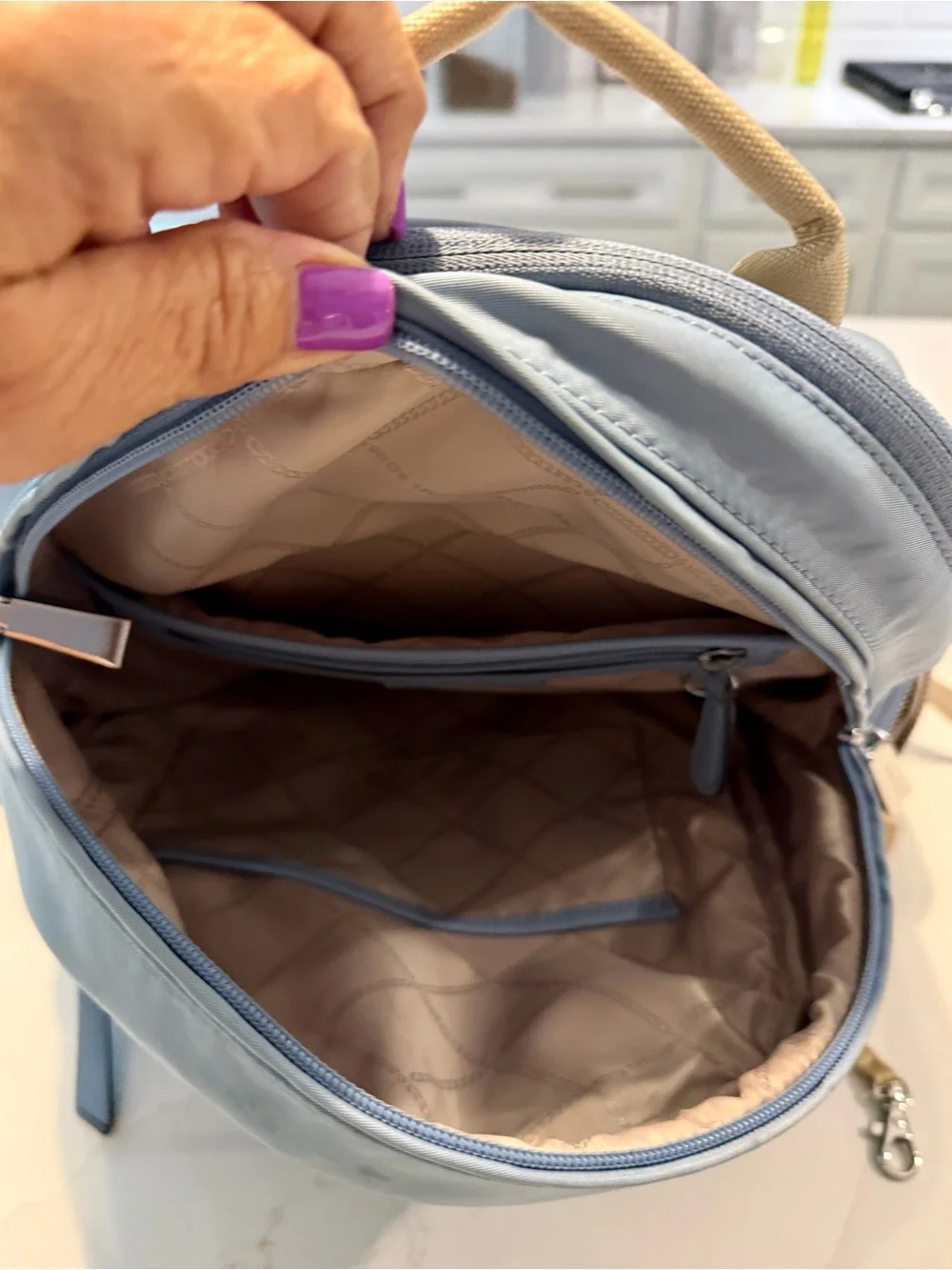 Michael Kors Light Blue Nylon Backpack Travel Laptop Bag. Silver Hardware